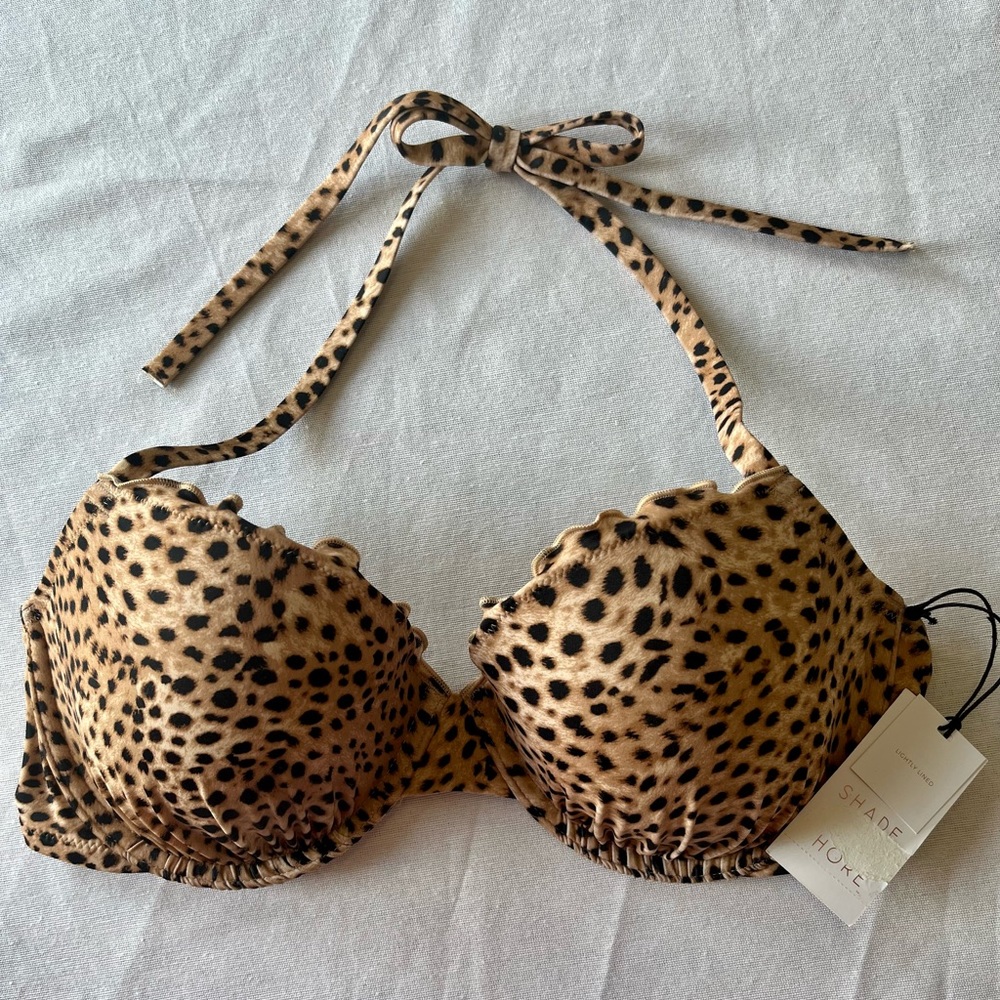 Shade & Shore Underwire Halter Style Swimsuit Bikini Top Leopard Print 34D